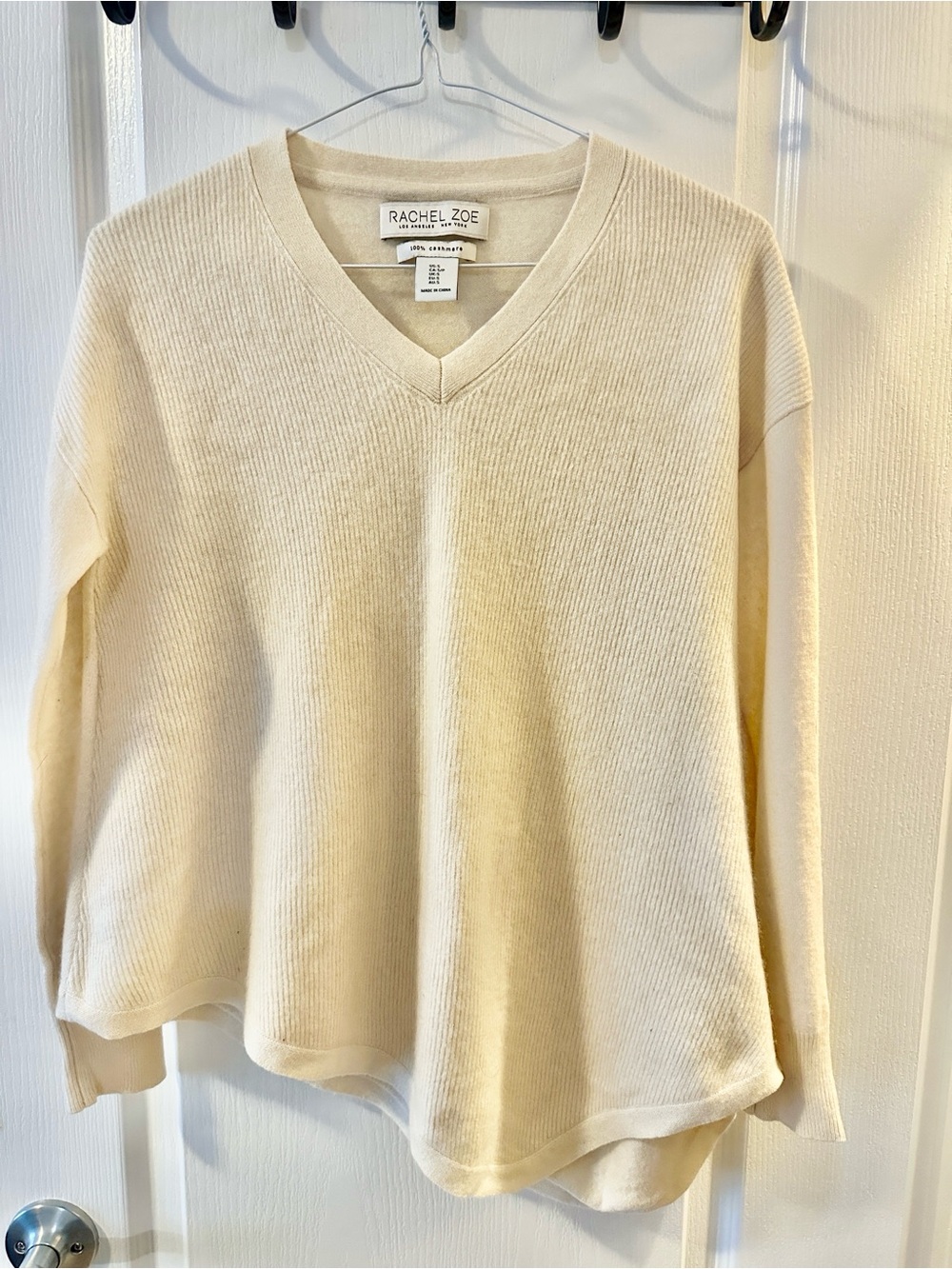 Rachel Zoe Cashmere Asymmetric V-Neck Sweater Cream Small
